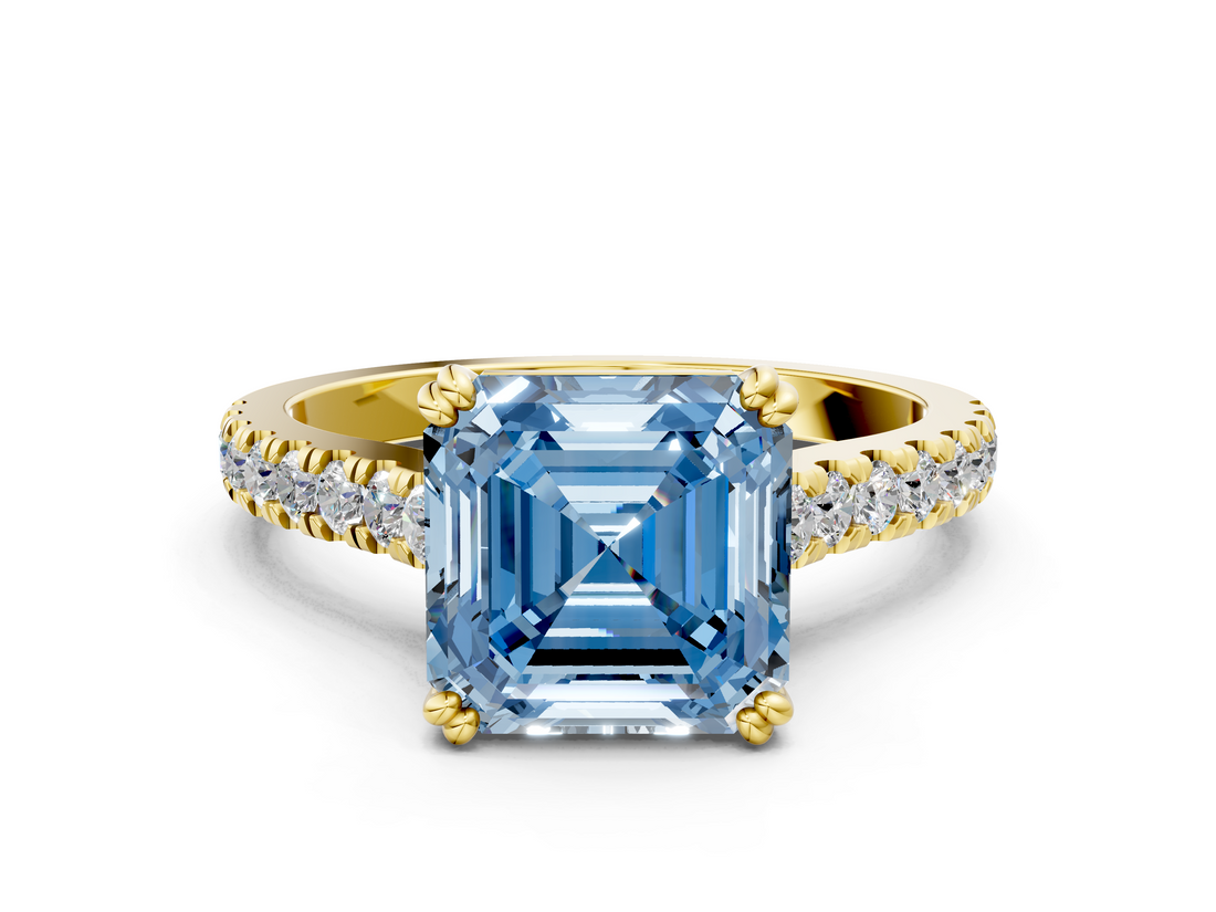 Yellow gold Fancy Blue Asscher  Solitaire Pave Diamond Engagement Ring with Prong Setting