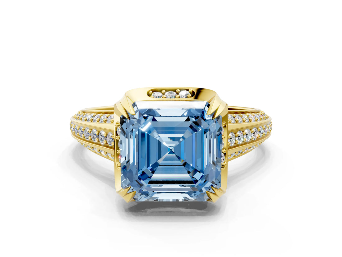 Yellow gold Fancy Blue Asscher  Solitaire Pave Split Shank Ring with Four-Prong Setting_69