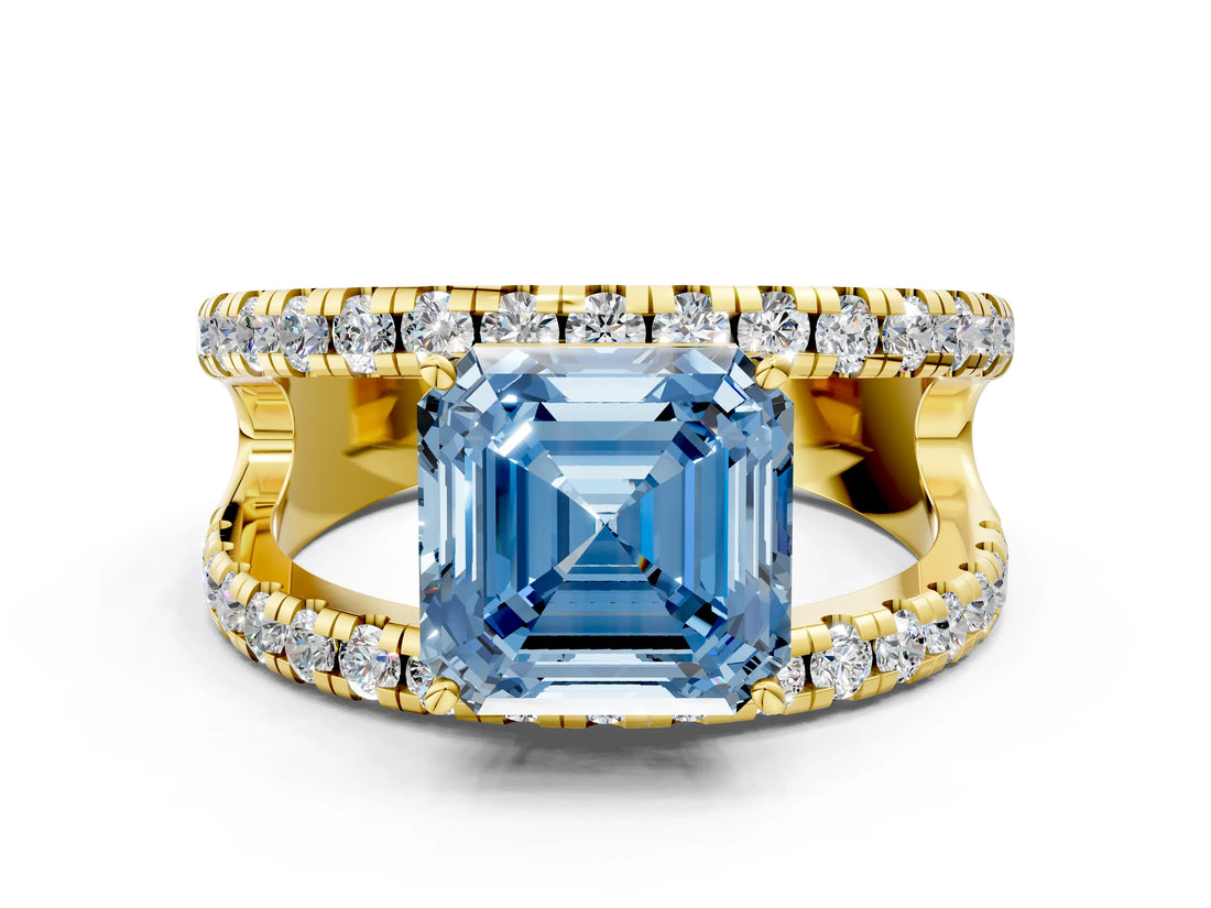 Yellow gold Fancy Blue Asscher  Solitaire Split Shank Pave Diamond Ring_41