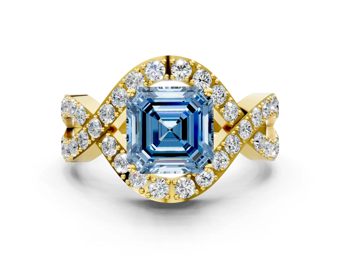 Yellow gold Fancy Blue Asscher  Solitaire Twist Band Pavé Diamond Engagement Ring_15