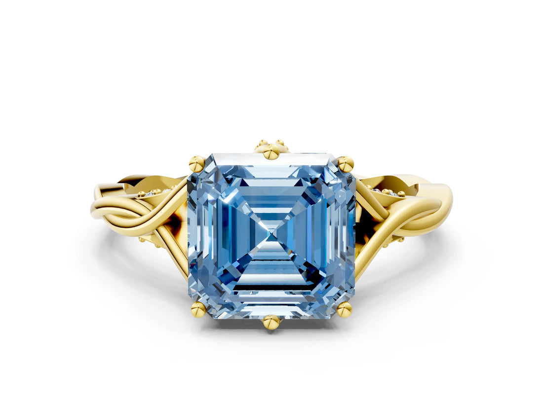Yellow gold Fancy Blue Asscher  Solitaire Twist Band Six-Prong Setting 1