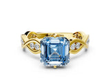 Yellow gold Fancy Blue Asscher  Solitaire Twist Band with Leaf Prong Setting_26