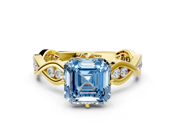 Yellow Gold Asscher Cut Accented Twist Engagement Ring Setting for Fancy Blue Center