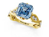 Yellow gold Fancy Blue Asscher  Solitaire Twist Band with Leaf Prong Setting_27