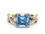 Yellow gold Fancy Blue Asscher  Solitaire Twist Band with Pavé Setting and Four-Prong Setting