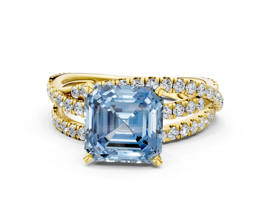 Yellow gold Fancy Blue Asscher  Solitaire Twist Band with Pavé Setting and Four-Prong Setting