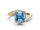 Yellow gold Fancy Blue Asscher  Solitaire Twist Band with Pave Set Diamonds and Four-Prong Setting
