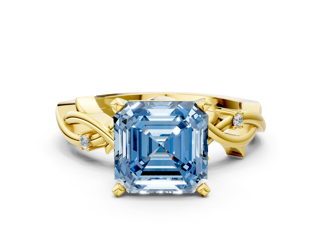 Yellow gold Fancy Blue Asscher  Solitaire Twisted Band Prong Setting Ring