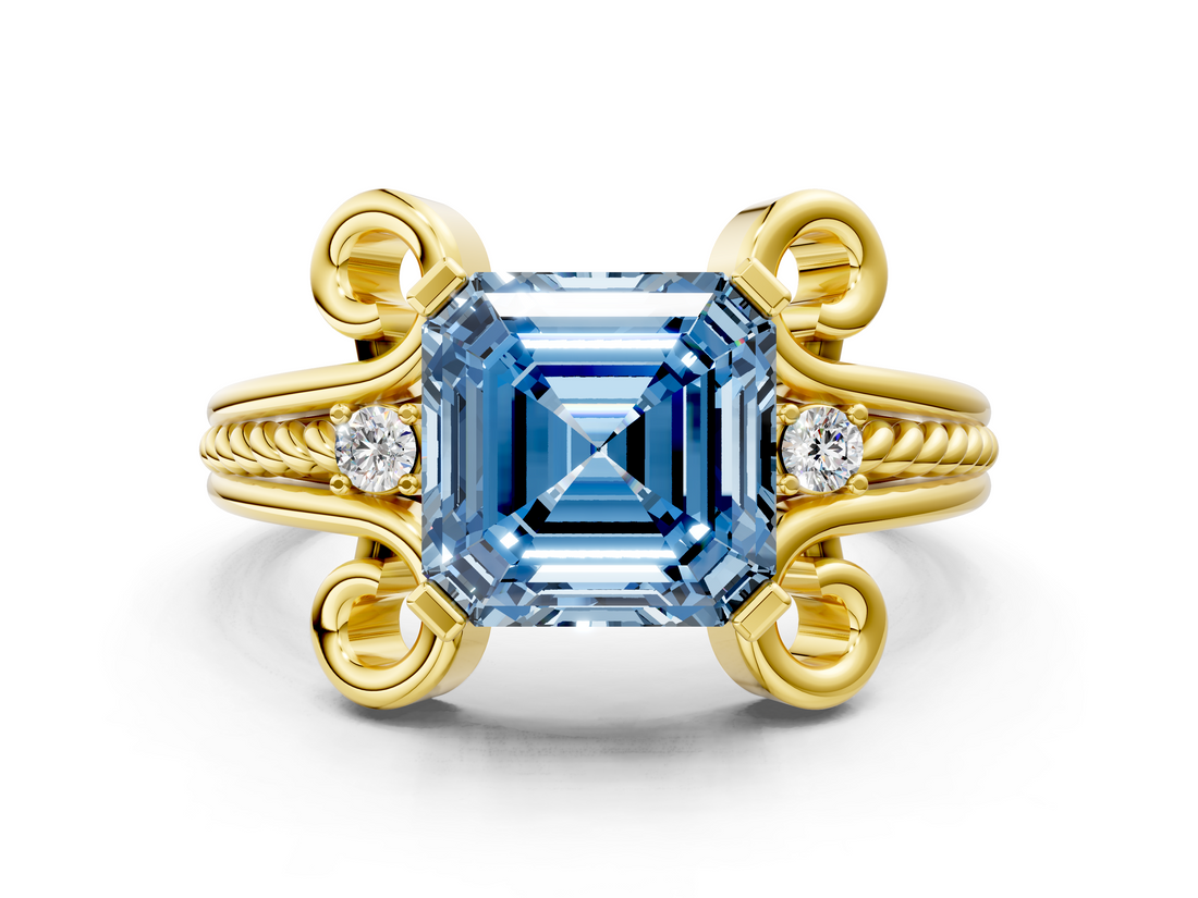 Yellow gold Fancy Blue Asscher  Solitaire Twisted Band Scroll Prong Ring_3