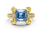 Yellow gold Fancy Blue Asscher  Solitaire Twisted Band Scroll Prong Ring_3