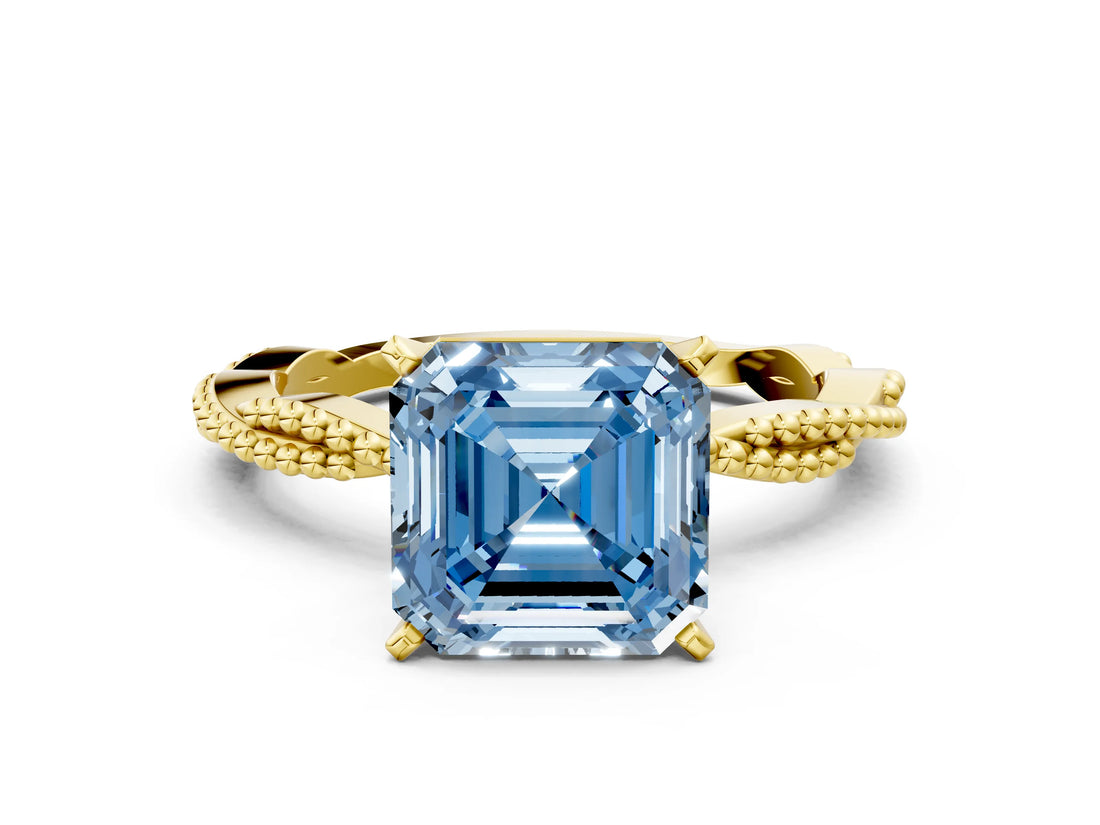 Yellow gold Fancy Blue Asscher  Solitaire Twisted Band with Bead Prong Setting_47