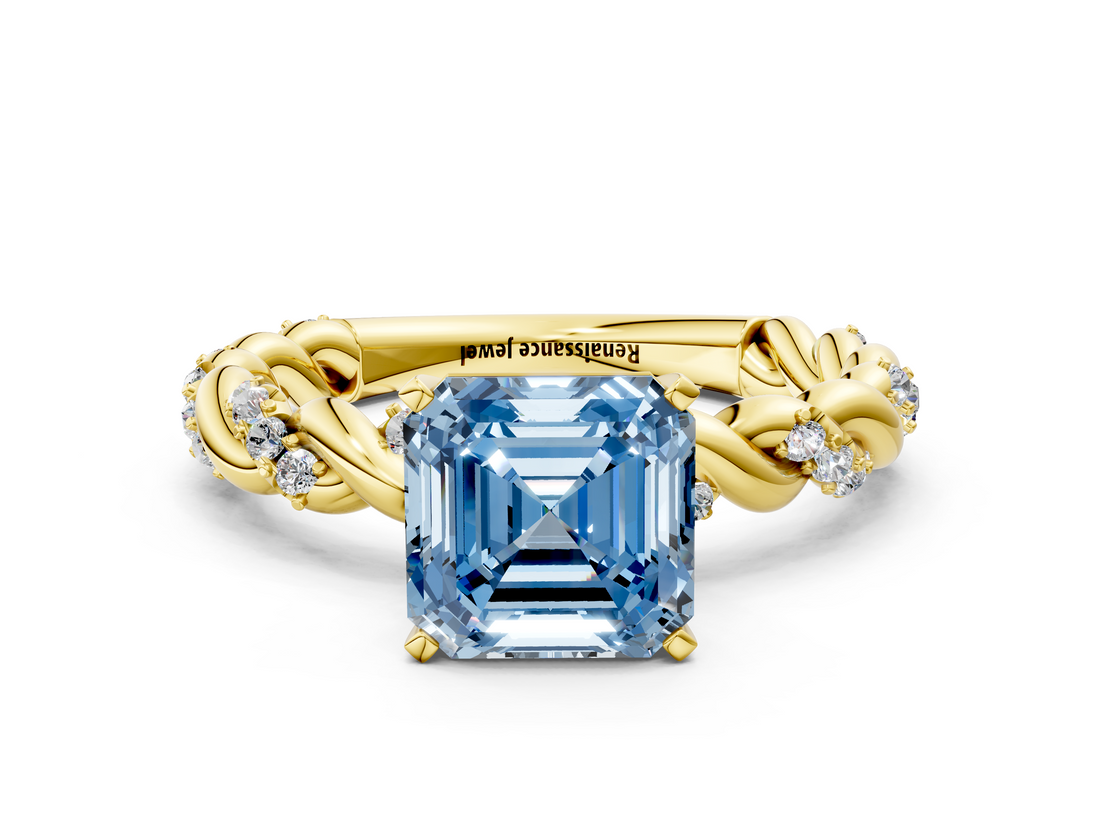 Yellow gold Fancy Blue Asscher  Solitaire Twisted Band with Pavé Accents and Four-Prong Setting_20