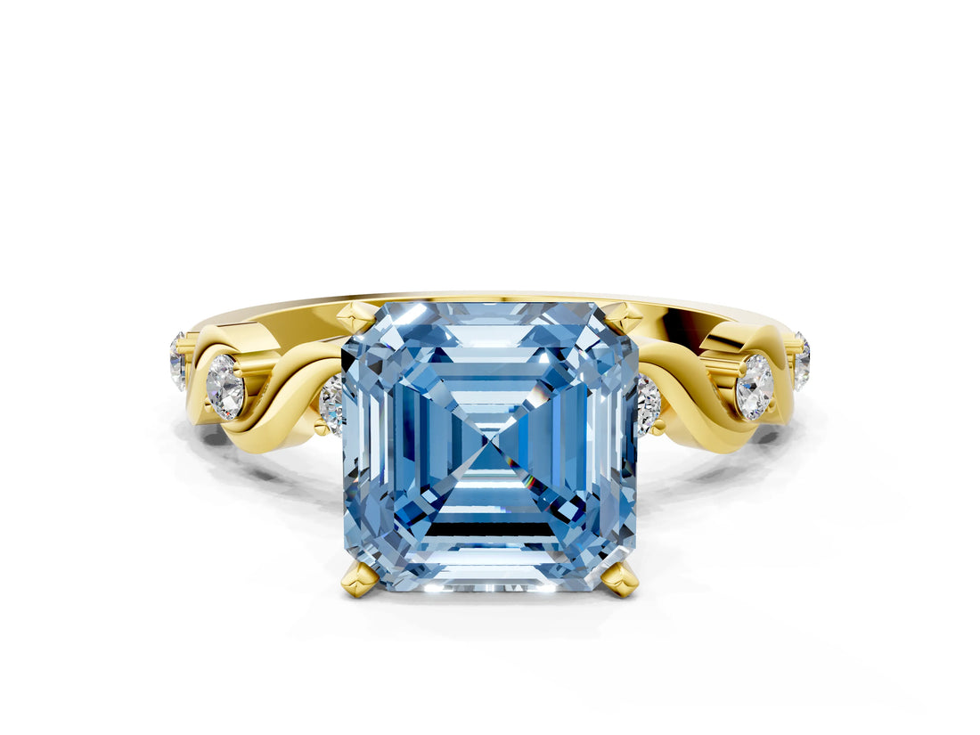 Yellow gold Fancy Blue Asscher  Solitaire Twisted Band with Prong Setting 1