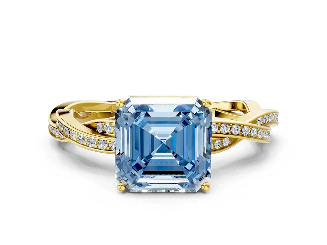 Yellow gold Fancy Blue Asscher  Solitaire Twisted Pave Diamond Ring with Four-Prong Setting_115