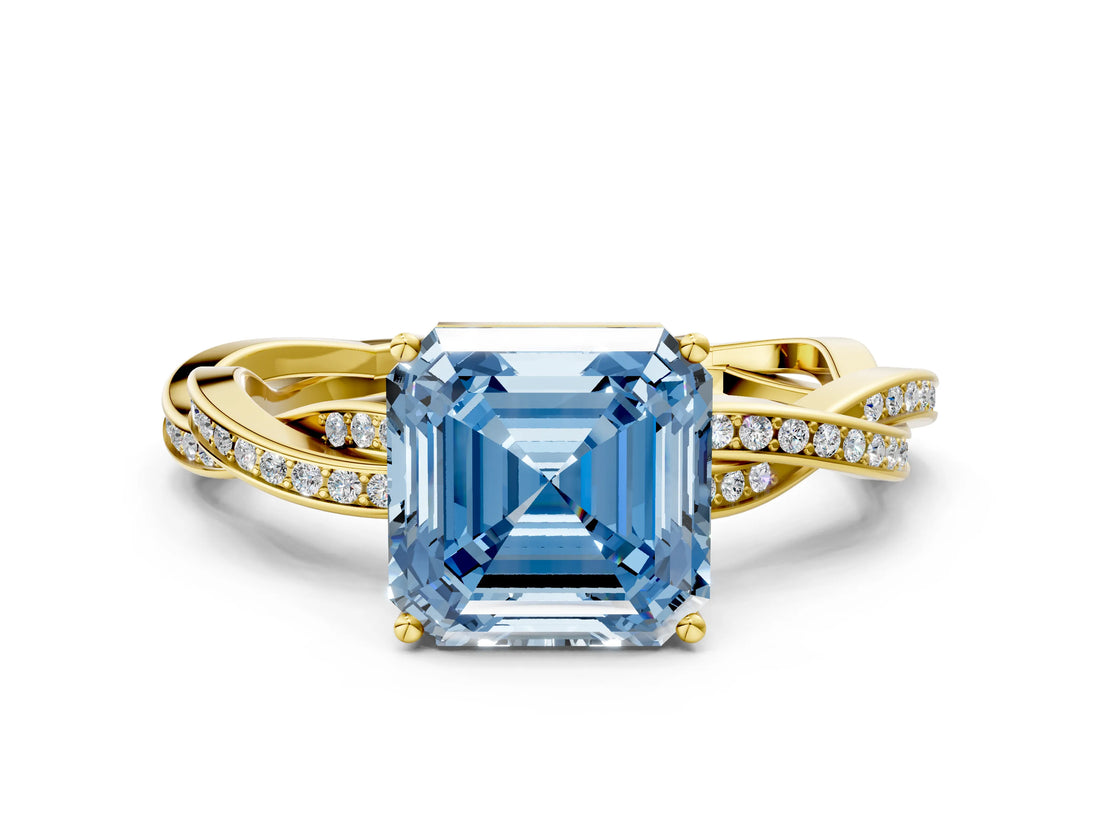 Yellow gold Fancy Blue Asscher  Solitaire Twisted Pave Diamond Ring with Four-Prong Setting_12