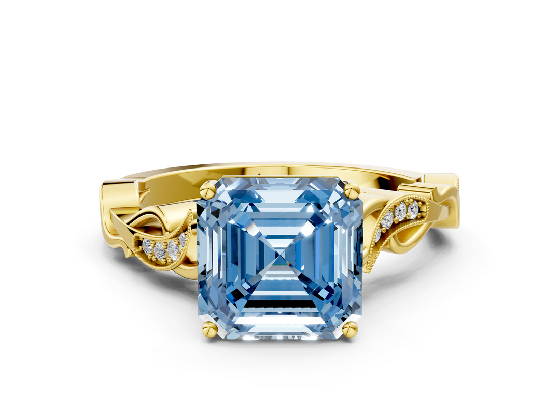 Yellow gold Fancy Blue Asscher  Solitaire Vine Band with Milgrain Prong Setting_3