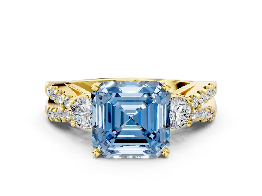 Yellow gold Fancy Blue Asscher  Three-Stone Diamond Ring with Pavé Split Shank and Four-Prong Setting_17
