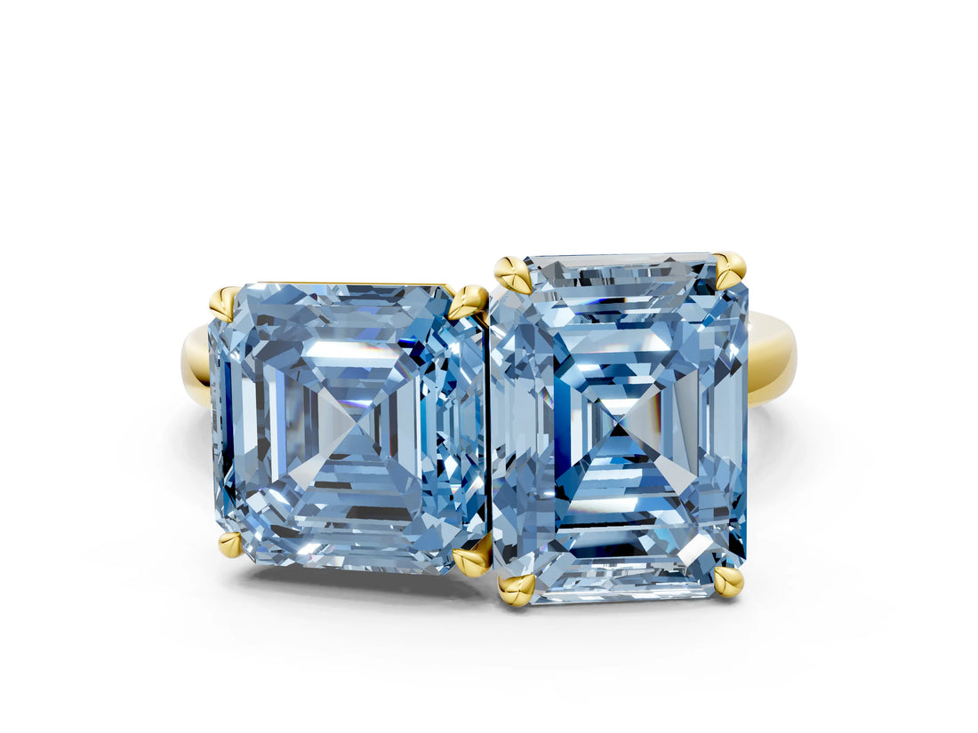 Yellow gold Fancy Blue Asscher  and Emerald Cut Toi Moi Ring with Prong Setting_49