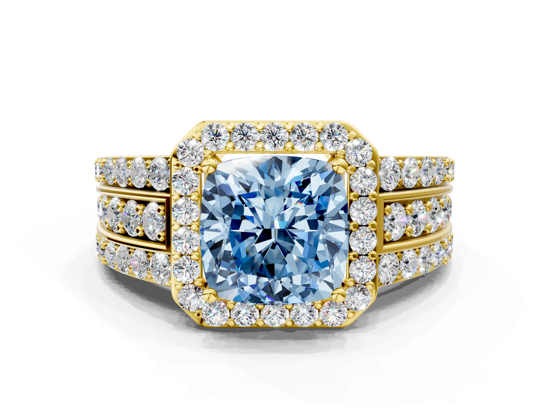 Yellow gold Fancy Blue Cushion -Cut Halo Diamond Ring with Split Shank and Four-Prong Setting_71
