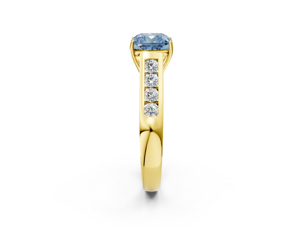 Yellow gold Fancy Blue Cushion  Brilliant Channel-Set Solitaire Ring with Four-Prong Setting