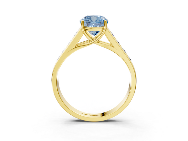 Yellow gold Fancy Blue Cushion  Brilliant Channel-Set Solitaire Ring with Four-Prong Setting