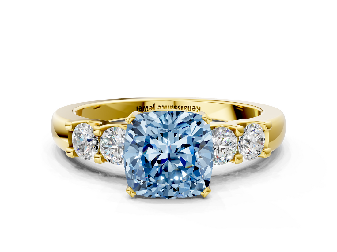 Yellow gold Fancy Blue Cushion  Brilliant Cut Diamond Five-Stone Prong Set Engagement Ring with Channel Band_3