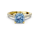 Yellow gold Fancy Blue Cushion  Brilliant Diamond Solitaire with Pavé Band and Four-Prong Setting