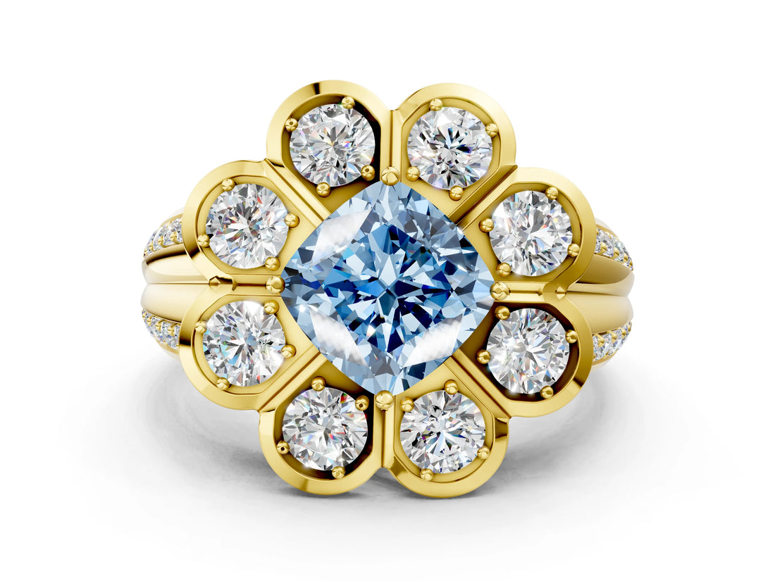 Yellow gold Fancy Blue Cushion  Brilliant Flower Halo Diamond Split Shank Ring_87