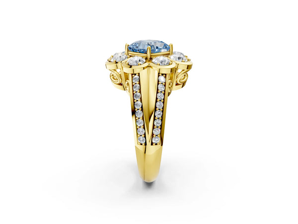 Yellow gold Fancy Blue Cushion  Brilliant Flower Halo Diamond Split Shank Ring