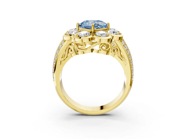 Yellow gold Fancy Blue Cushion  Brilliant Flower Halo Diamond Split Shank Ring