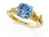 Yellow gold Fancy Blue Cushion  Brilliant Solitaire with Leaf Motif Band and Four-Prong Setting_64