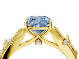 Yellow gold Fancy Blue Cushion  Brilliant Solitaire with Leaf Motif Band and Four-Prong Setting_67
