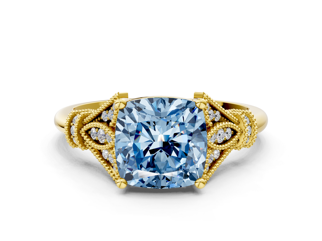 Yellow gold Fancy Blue Cushion  Brilliant Solitaire with Pave Band and Four-Prong Setting_20