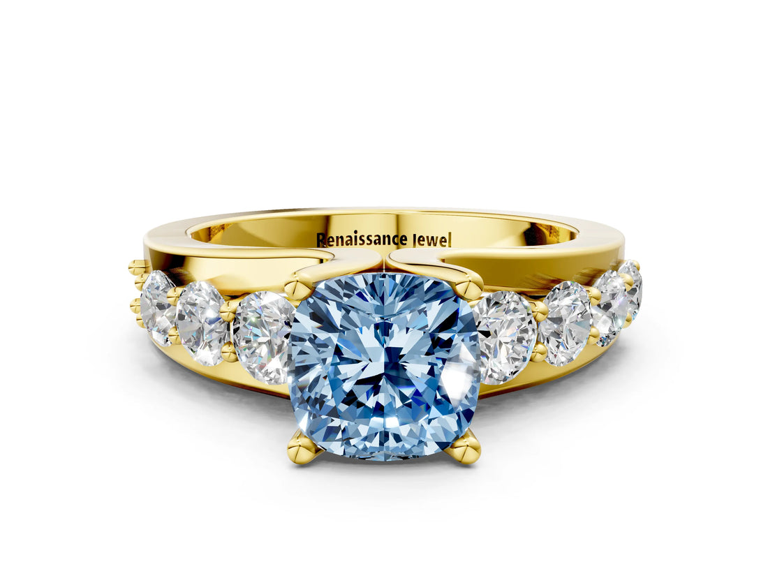Yellow gold Fancy Blue Cushion  Brilliant Solitaire with Side Stones on a Pave Band and Four-Prong Setting_24
