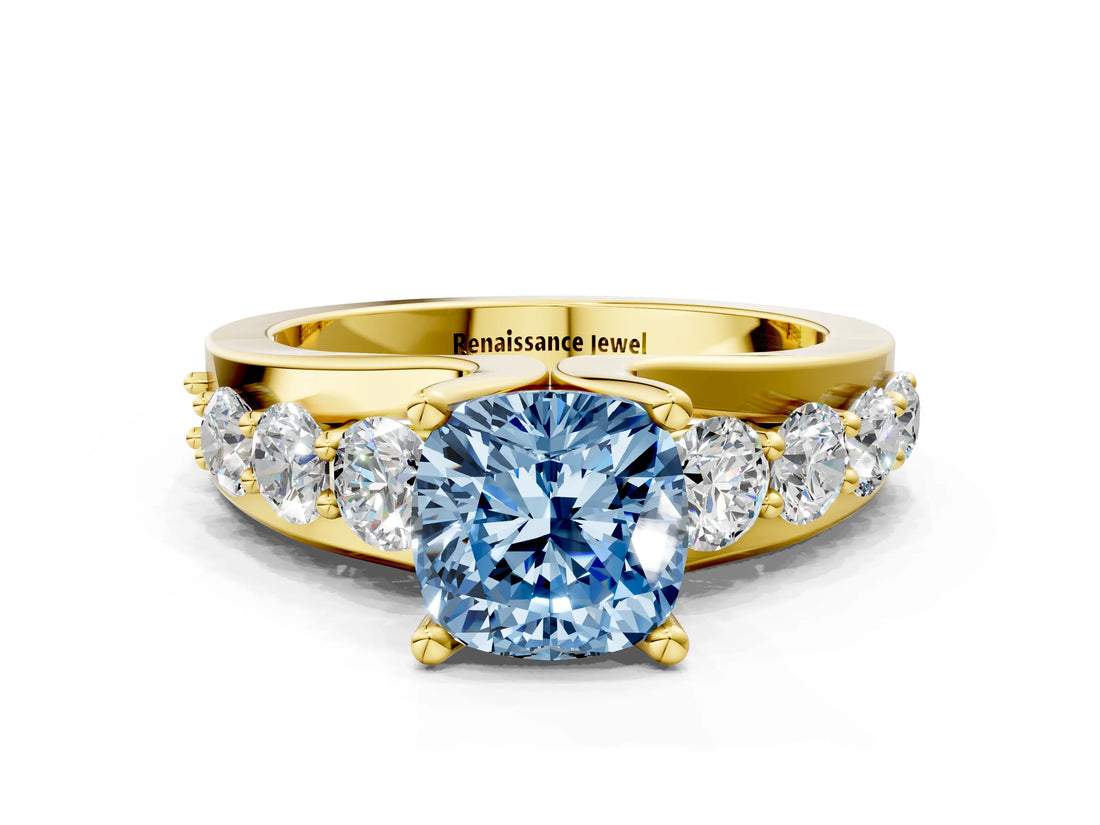 Yellow gold Fancy Blue Cushion  Brilliant Solitaire with Side Stones on a Pave Band and Four-Prong Setting_36