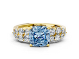 Yellow gold Fancy Blue Cushion  Cluster Diamond Engagement Ring with Pavé Band and Four-Prong Setting_52
