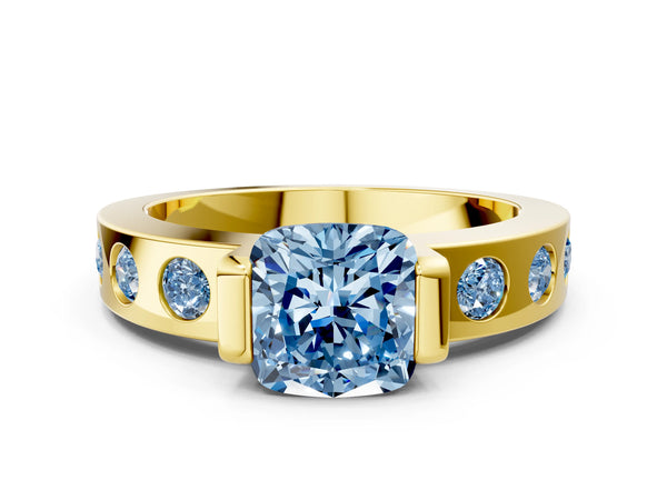 Yellow gold Fancy Blue Cushion Cut Brilliant Channel-Set Diamond Ring with Bezel Prong Setting