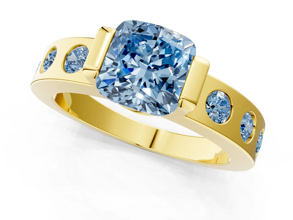 Yellow gold Fancy Blue Cushion Cut Brilliant Channel-Set Diamond Ring with Bezel Prong Setting