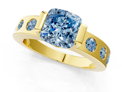 Yellow gold Fancy Blue Cushion Cut Brilliant Channel-Set Diamond Ring with Bezel Prong Setting_1