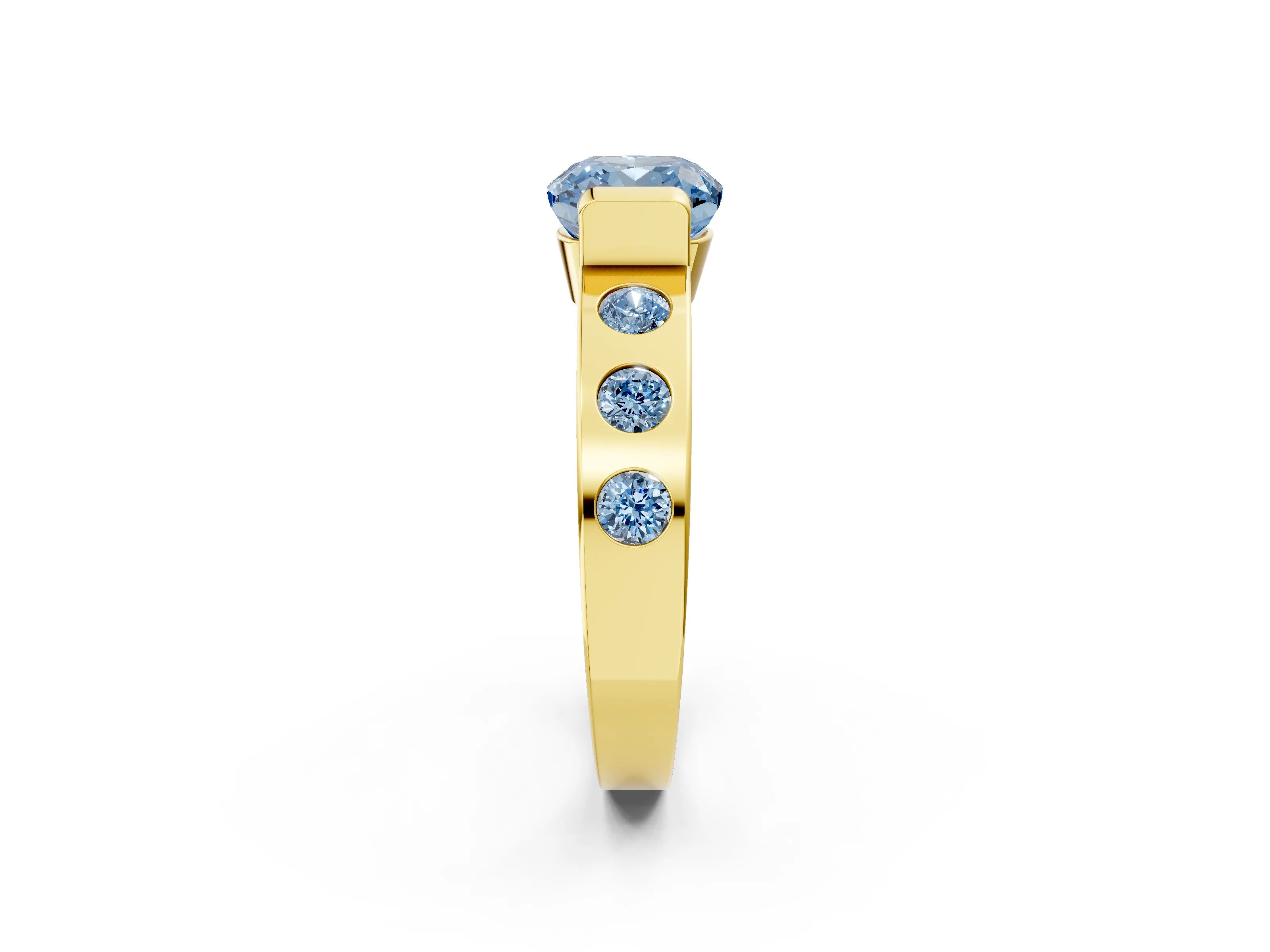 Yellow gold Fancy Blue Cushion Cut Brilliant Channel-Set Diamond Ring with Bezel Prong Setting_2