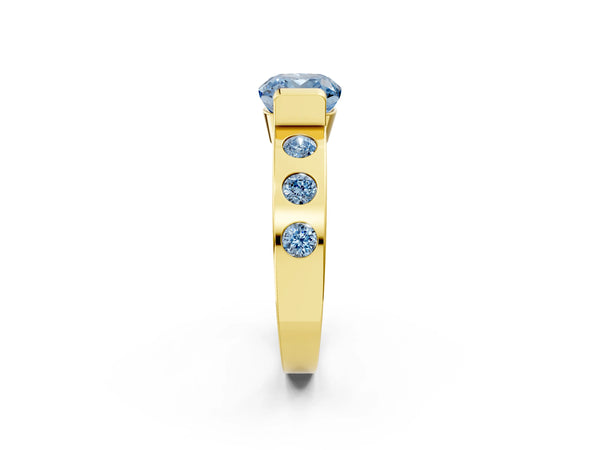 Yellow gold Fancy Blue Cushion Cut Brilliant Channel-Set Diamond Ring with Bezel Prong Setting