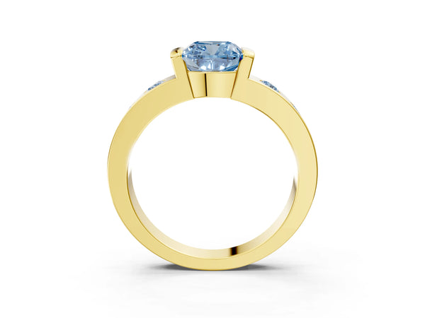 Yellow gold Fancy Blue Cushion Cut Brilliant Channel-Set Diamond Ring with Bezel Prong Setting