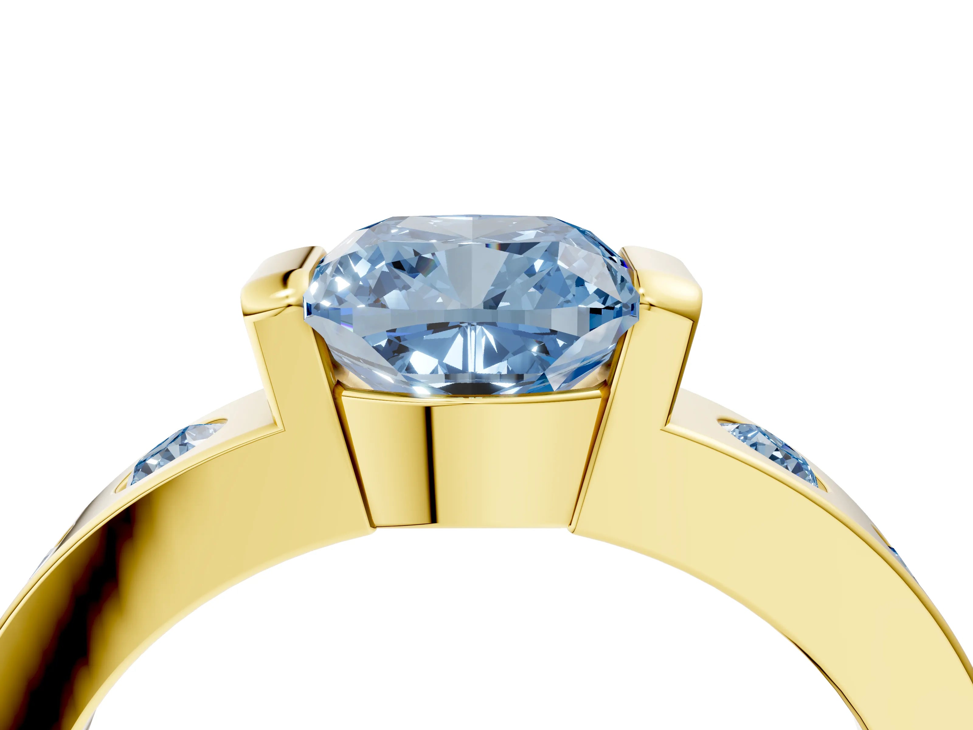 Yellow gold Fancy Blue Cushion Cut Brilliant Channel-Set Diamond Ring with Bezel Prong Setting_4