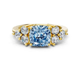 Yellow gold Fancy Blue Cushion Cut Brilliant Diamond Cluster Accent Solitaire Ring with Prong Setting