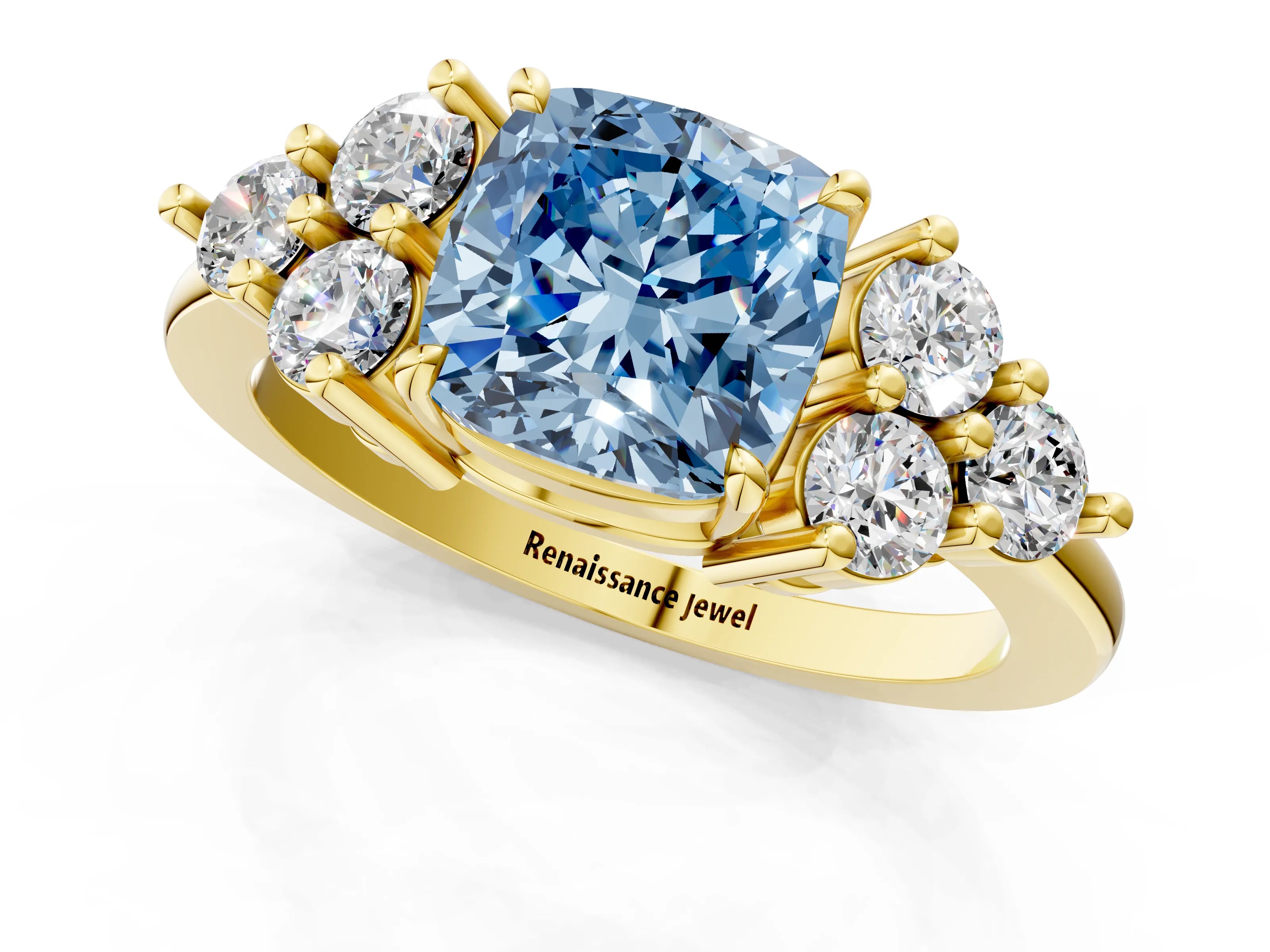 Yellow gold Fancy Blue Cushion Cut Brilliant Diamond Cluster Accent Solitaire Ring with Prong Setting_1