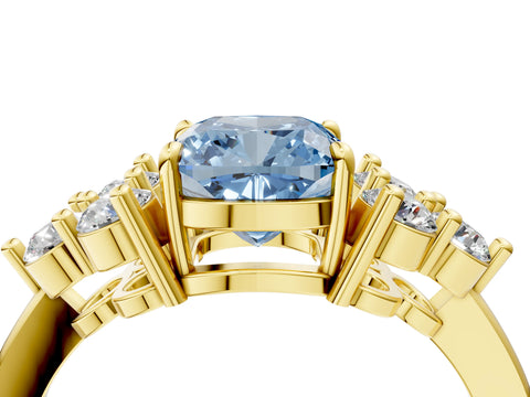 Yellow gold Fancy Blue Cushion Cut Brilliant Diamond Cluster Accent Solitaire Ring with Prong Setting_4