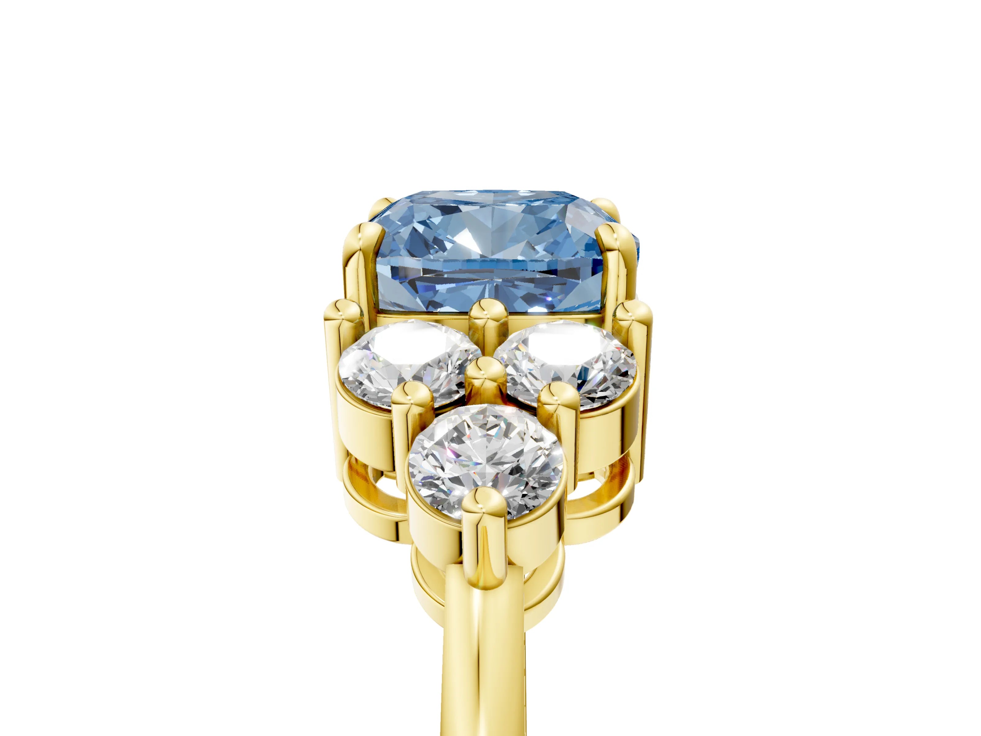 Yellow gold Fancy Blue Cushion Cut Brilliant Diamond Cluster Accent Solitaire Ring with Prong Setting_5