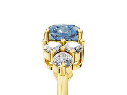 Yellow gold Fancy Blue Cushion Cut Brilliant Diamond Cluster Accent Solitaire Ring with Prong Setting_5