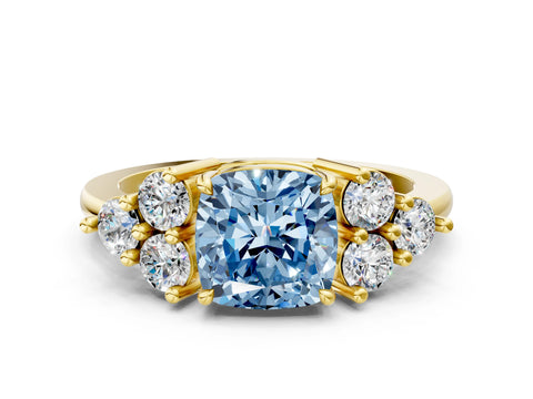 Yellow gold Fancy Blue Cushion Cut Brilliant Diamond Cluster Accent Solitaire Ring with Prong Setting