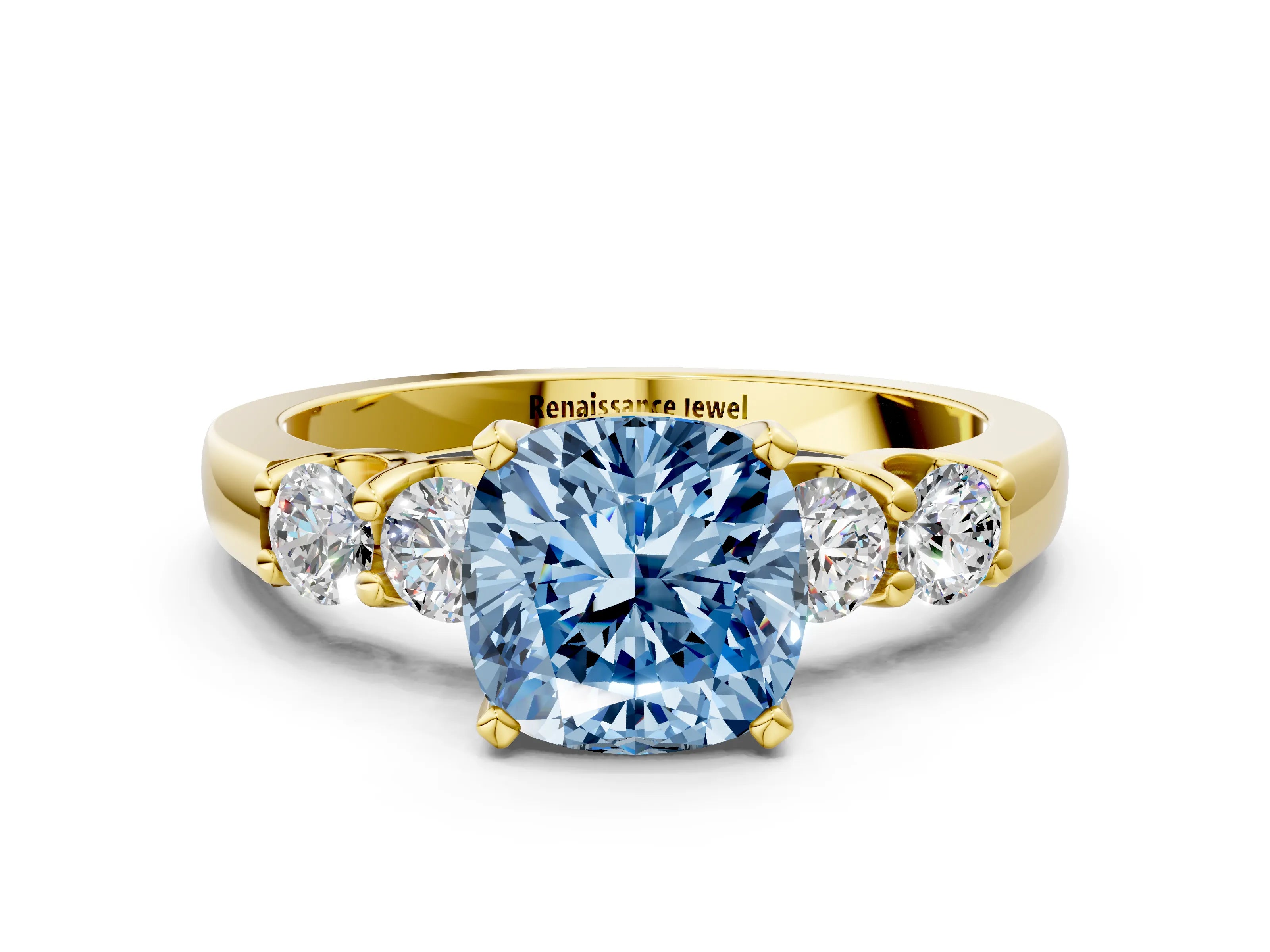 Yellow gold Fancy Blue Cushion Cut Brilliant Diamond Five-Stone Engagement Ring with Prong Setting on a Classic Band_3